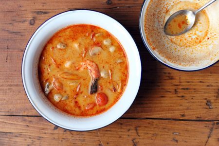 Rosa's Tom Yum soup served in a white bowl