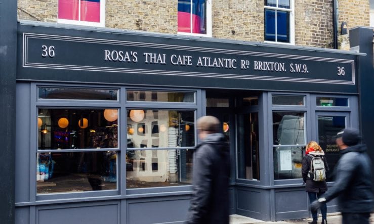 Dark grey exterior shot of Rosas Thai, Brixton