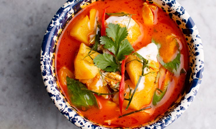Rosa's Thai Pineapple curry served in a blue bowl