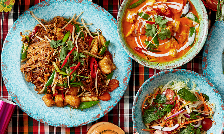 Rosa's Thai veggie Christmas food served on blue plates