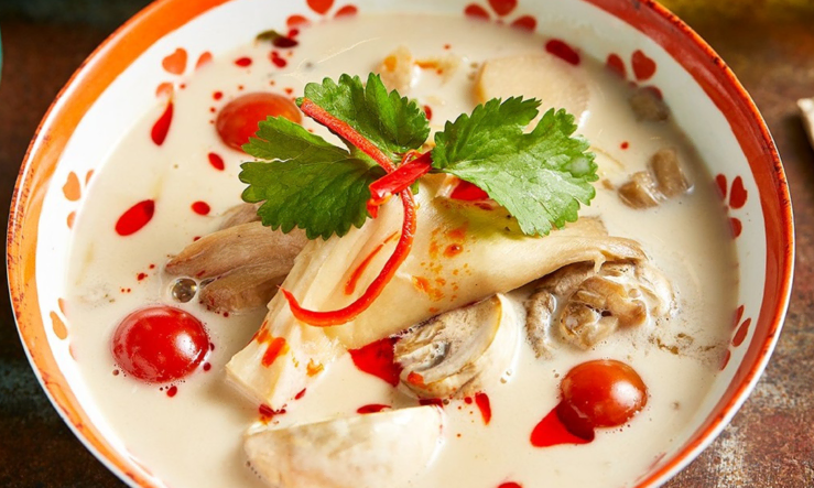 Rosa's Thai tomka served in a red patterned bowl