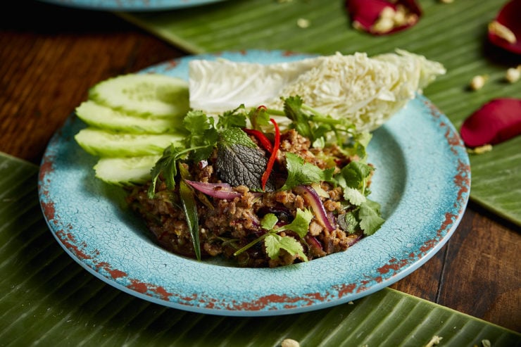 Minced duck Thai salad with vegetables in blue plate
