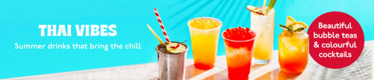 Colourful bubble teas and cocktails on blue background