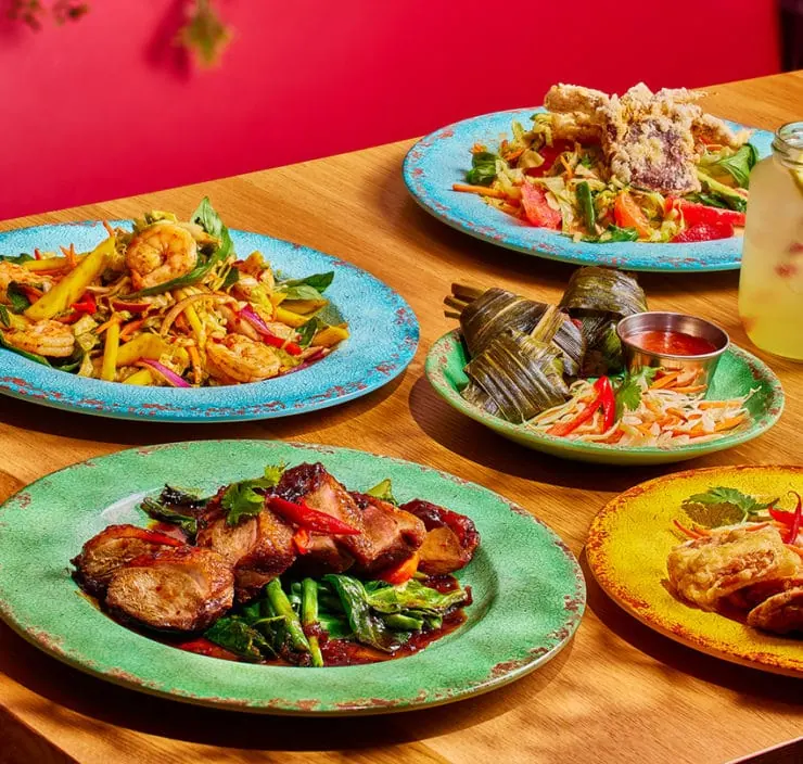Thai food on colourful plates and red background