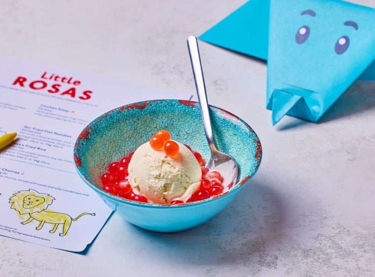 Ice cream with strawberry bubbles and colouring sheet and origami for kids