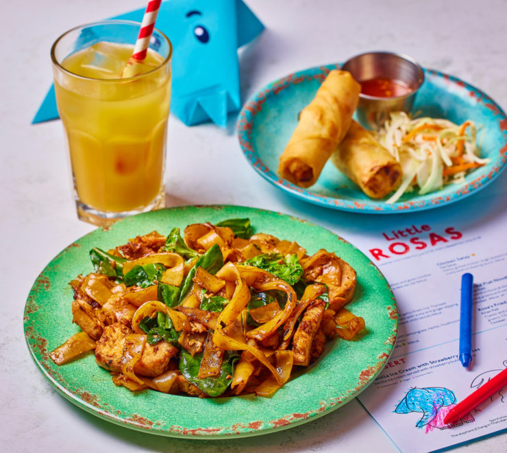 Rosa's Thai kids menu with starter, main and a drink with colouring sheet and origami