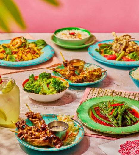 Food spread of Rosa's Thai low carb dishes in a pink background