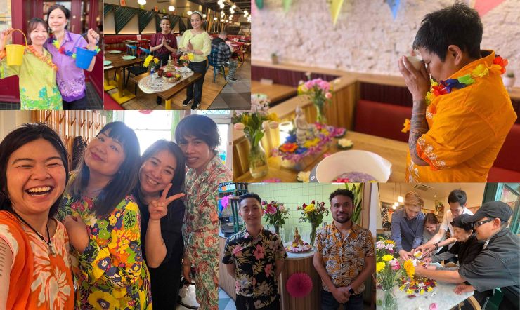 Collage of staff in floral shirts celebrating Songkran in Rosa's Thai
