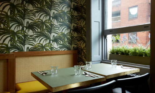 Private dining room with Palm leaves wallpaper in Rosa